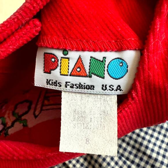 Vintage 90s Piano Kids Fashion Dress Girls 8 Gingham Check Corduroy Embroidered - Picture 4 of 4